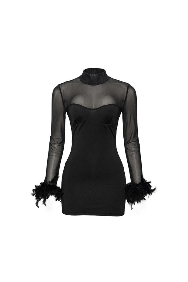 Rochie neagra mini cu pene - 1