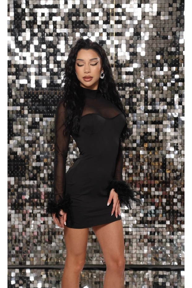 Rochie neagra mini cu pene - 3