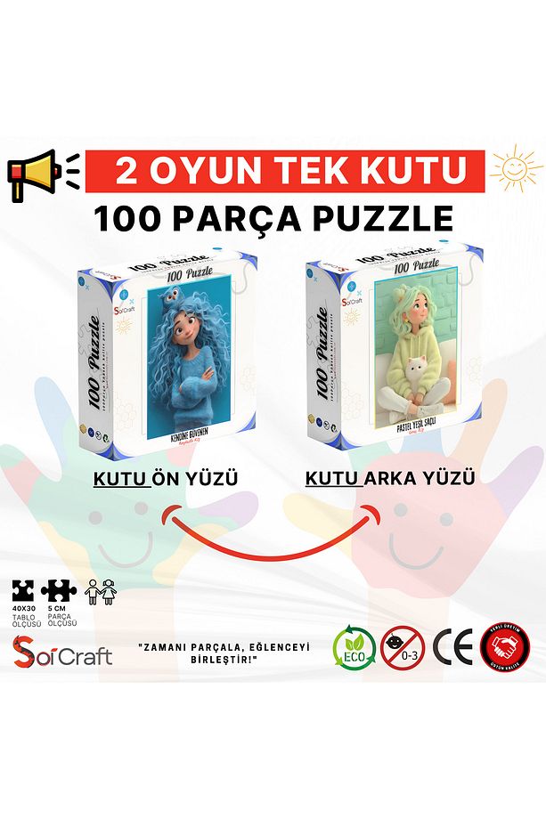 100 Parça Puzzle Çift Tasarım Tek Kutu Mavi Baykuşla Kız - 3