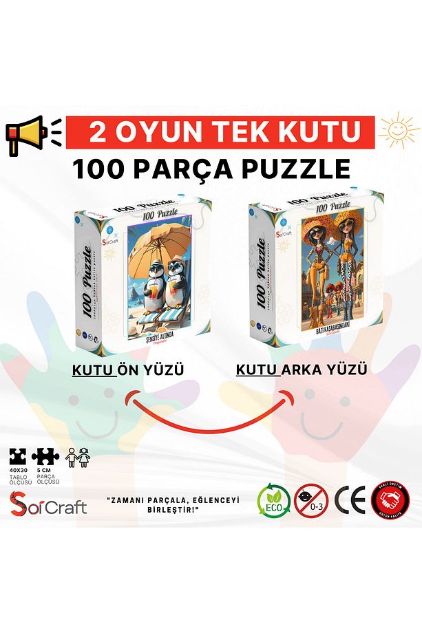 100 Parça Puzzle Çift Tasarım Tek Kutu Güneşlenen Penguenler - 3