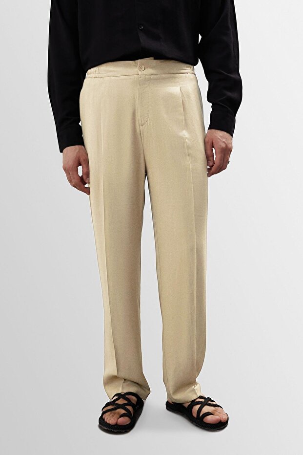 High-waisted pleated linen blend men's trousers