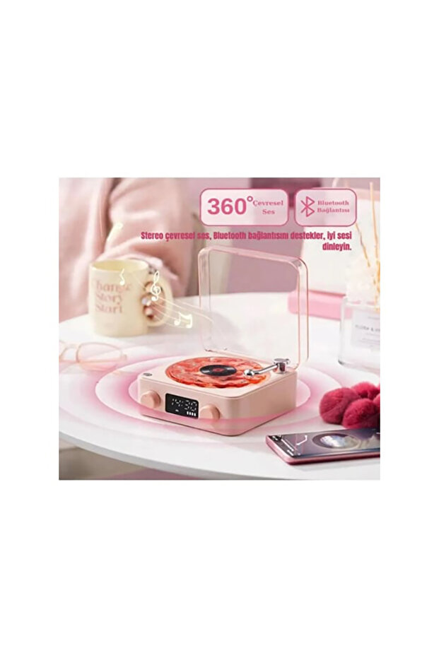 Waves Nostalji Plak Görünümlü Bluetooth Hoparlör 3D Ses Dalgası Retro Müzik Plak Gece Lambası - 4