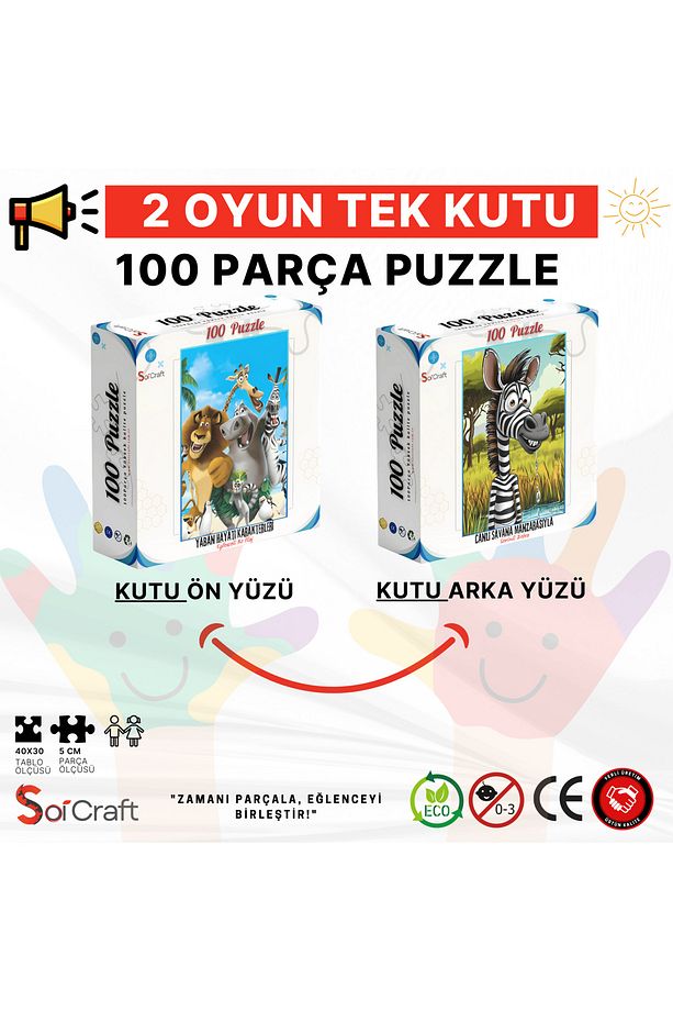 100 Parça Puzzle Çift Tasarım Tek Kutu Zebra - 3