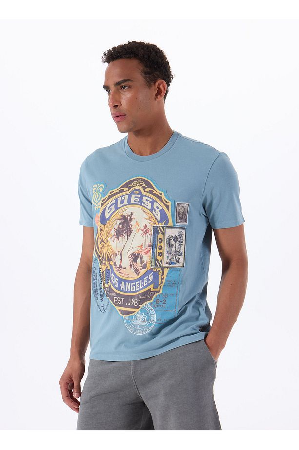 Bisiklet Yaka Desenli Çok Renkli Erkek T-Shirt M5GI38KBW41F7IK SS BSC GUESS WORLD - 1