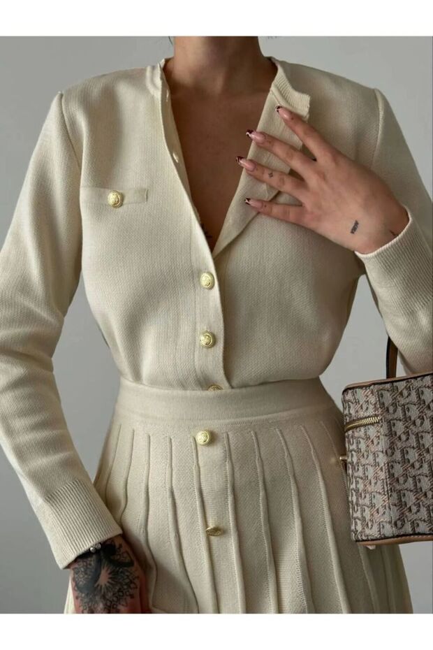Women's Button Detailed Cardigan Mini Skirt Knitwear Set