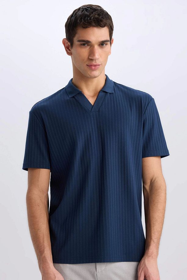 E1207 Lacivert Regular Fit Kısa Kollu Krinkıl Polo Tişört - 1