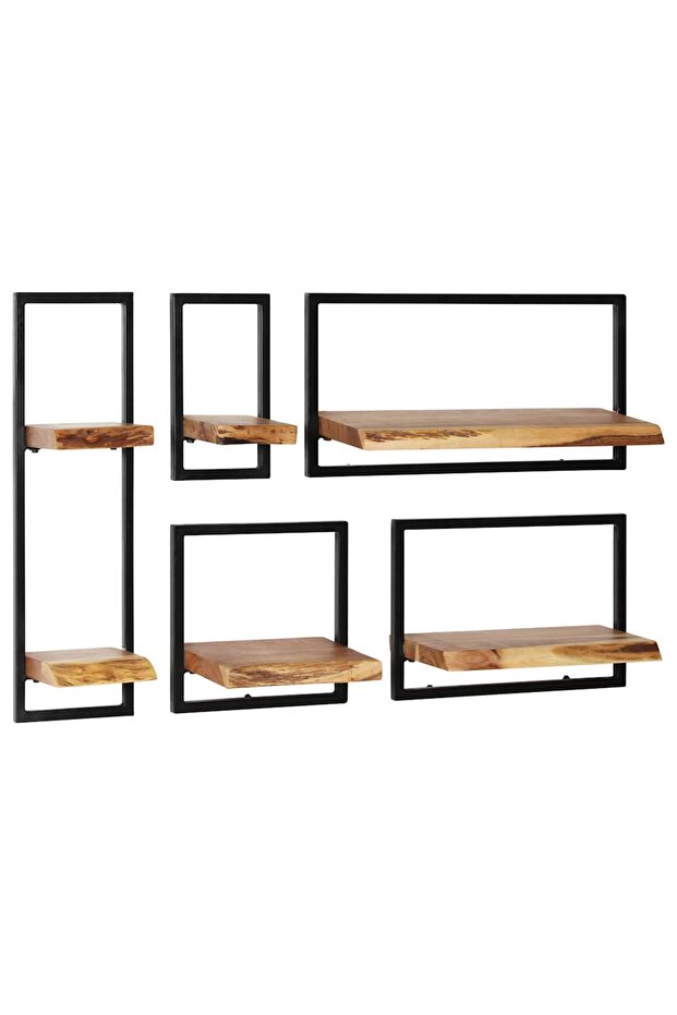 Wall Shelf Set 5 Pieces Solid Acacia Wood and Steel