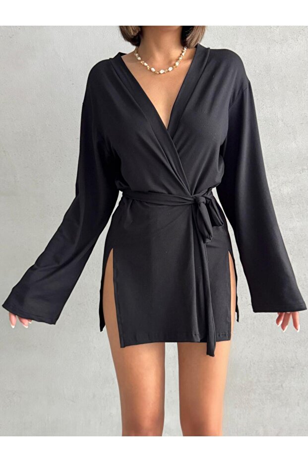 Women's Black Miyabi Double Breasted Kimono with Belt Detail