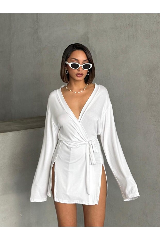 Women's White Miyabi Double Breasted Kimono with Belt Detail