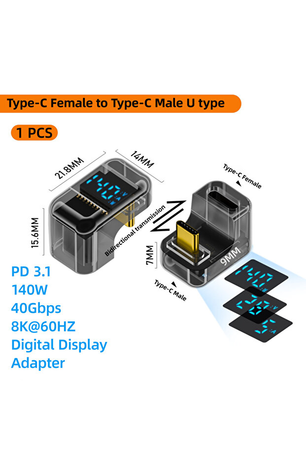 محول USB C شفاف أسود UX بزاوية 90 درجة بزاوية قائمة على شكل حرف U محول من النوع C بسرعة نقل بيانات 40 جيجابت في الثانية