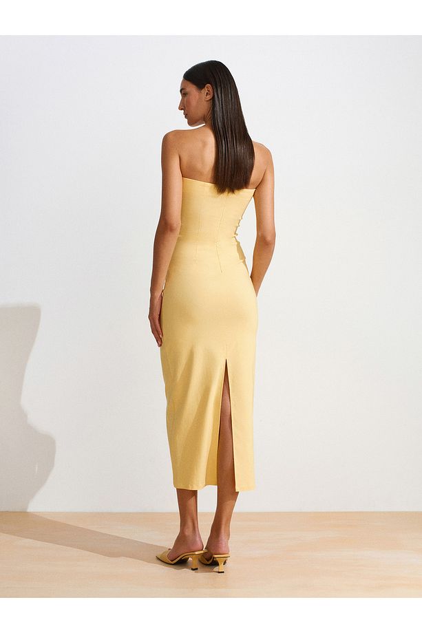 91368 Straplez Midi Elbise-Sarı - 2