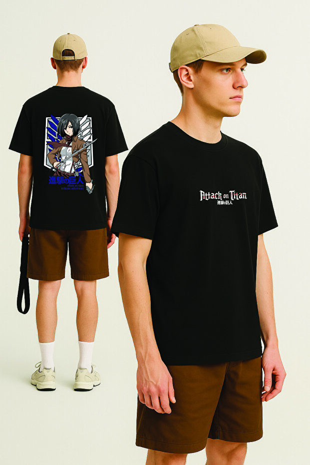 Lenithra Attack on Titan Mikasa Anime Back Printed Unisex Oversize Black T-Shirt