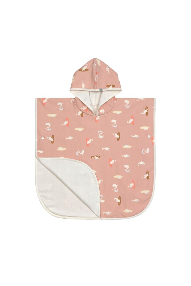 Dolphin Patterned Uv Protection Beach Kids Poncho Peach