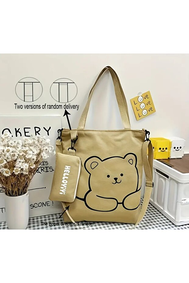 Helloyiyi Cute Cartoon Bear Printed Canvas Cross Body Bag - Large Capacity