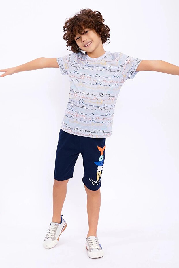 2725-2 Gray Navy Shark Patterned Shorts Set - 1