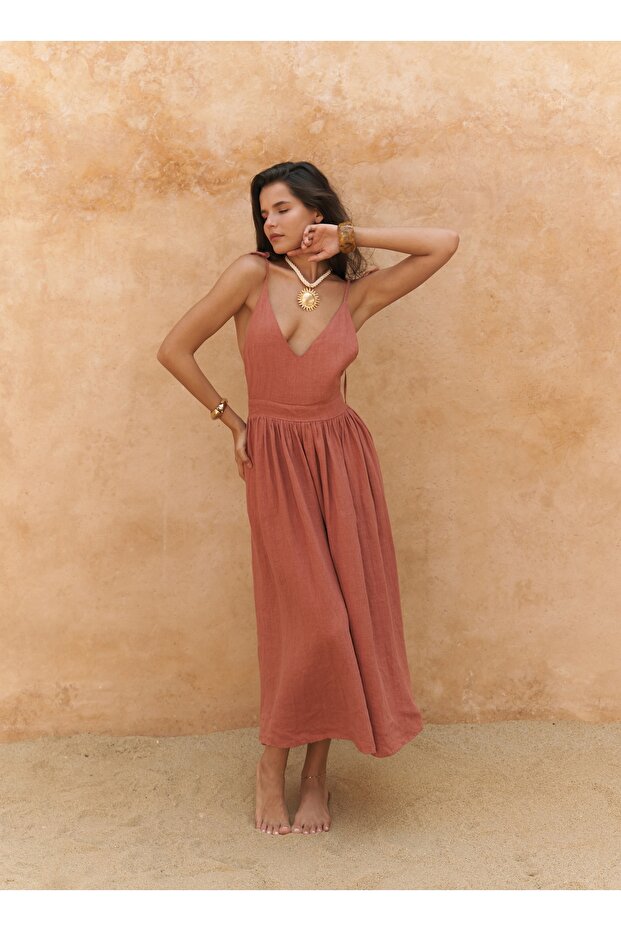 Rochie lungă de in Eara Strap Cinnamon - 2