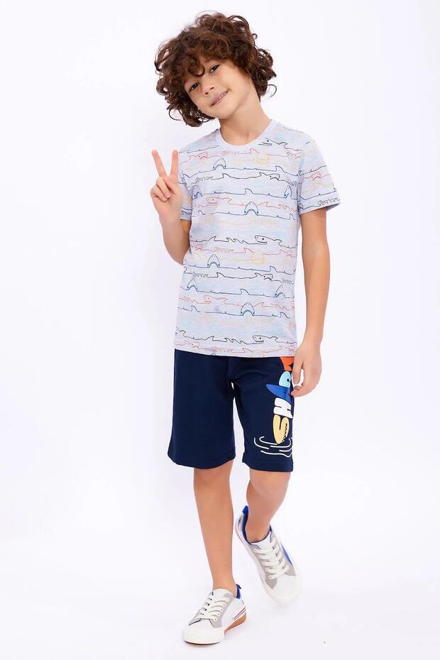 2725-2 Gray Navy Shark Patterned Shorts Set - 3