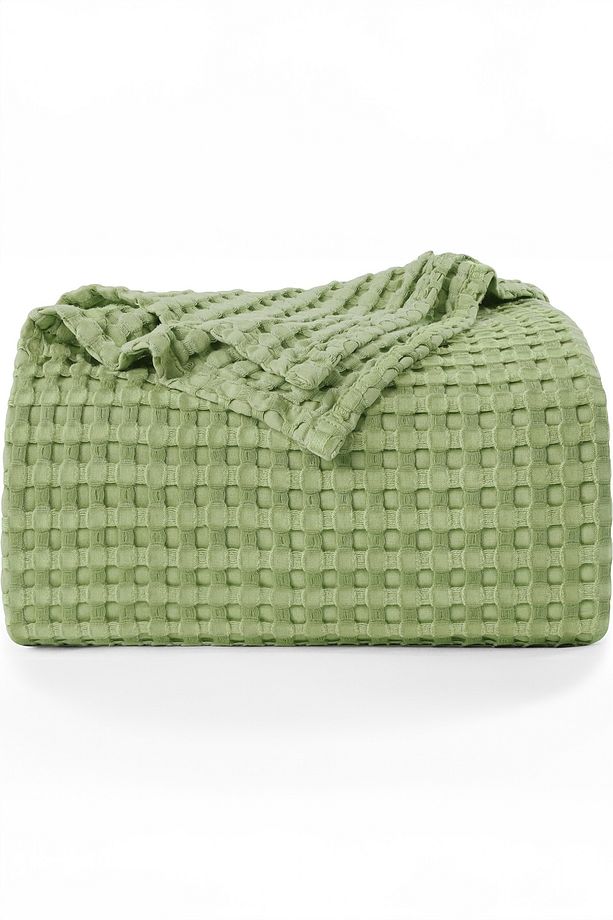 | %100 Pamuk Waffle Desen Tek Kişilik Yeşil Pike | Yatak Örtüsü | 160x230 | Çok Amaçlı Örtü - 4