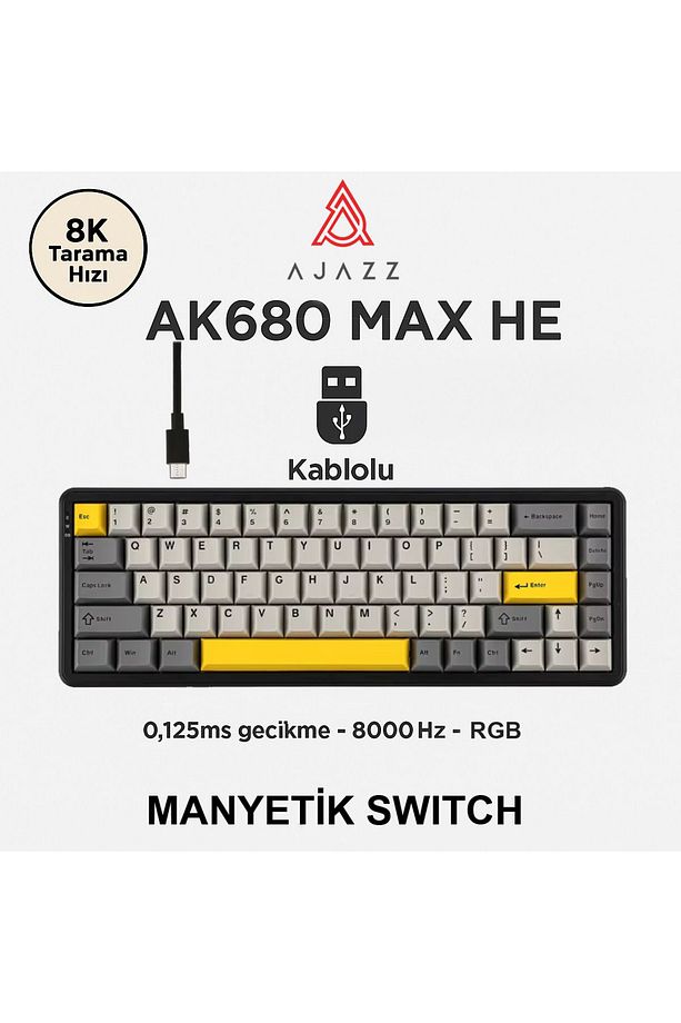 Ajazz AK680 Max HE Kablolu Manyetik Switch Klavye-8000Hz-0.125Ms - 3