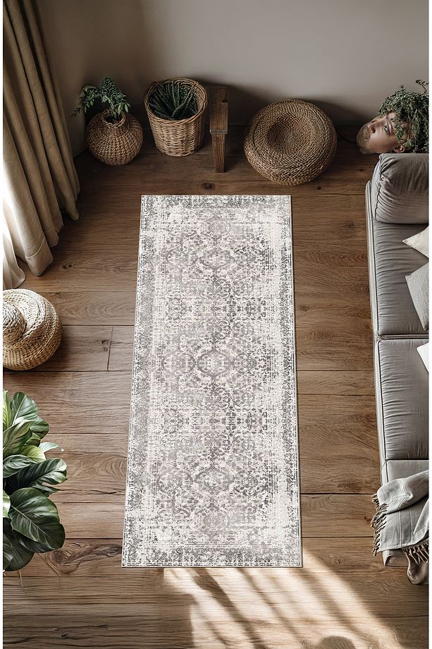 Makinede Yıkanabilir Kaymaz Taban Leke Tutmaz Gri Salon Halısı Mutfak Halısı ve Yolluk - 4