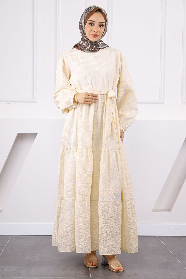 Cream Waist Belted Embossed Ruffle Dress