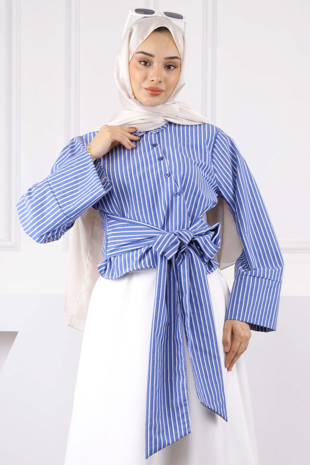 Navy Blue Waist Tie Crop Shirt