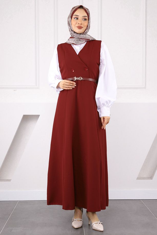 Bordo Önü Düğmeli Kemerli Jile Elbise - 2