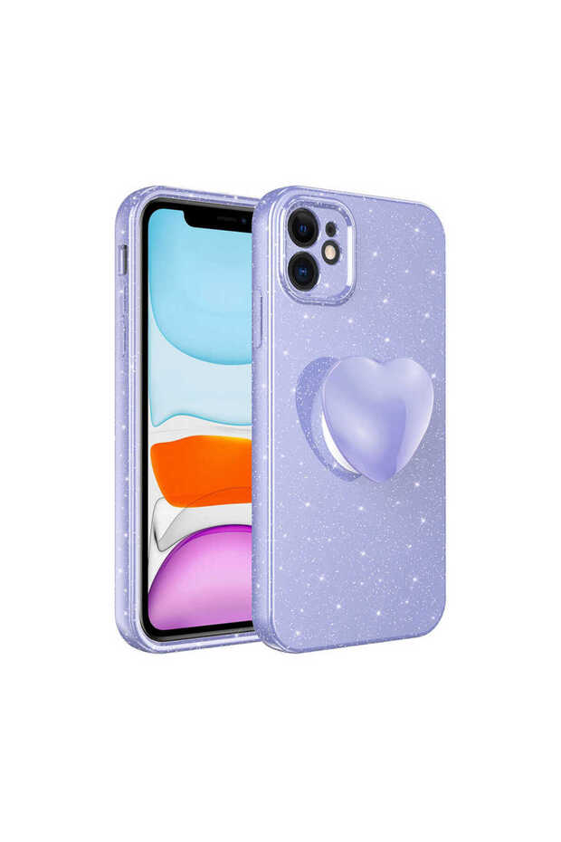 iPhone 11 Compatible Camera Protected Glitter Pop Socket Luxury Btbm Cotton Socket Case-Lilac