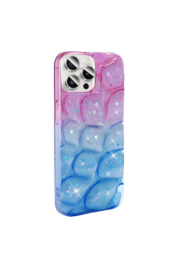 iPhone 15 Pro Max Case Silvery 3D Patterned Klfs Hacar Cover - Pink-Blue