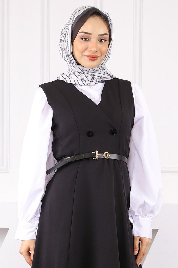 Siyah Önü Düğmeli Kemerli Jile Elbise - 4