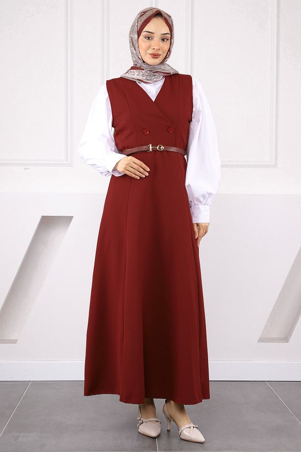 Bordo Önü Düğmeli Kemerli Jile Elbise - 1