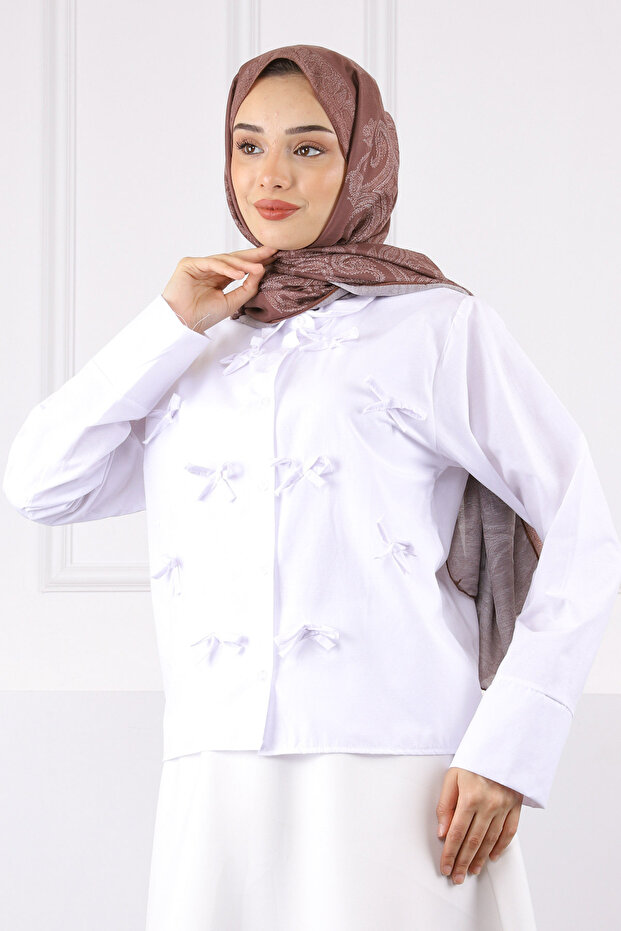 Ecru Bow Front Button Shirt