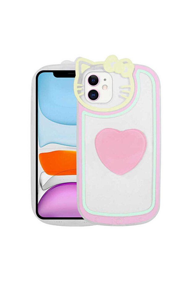 iPhone 12 Compatible Cat Figured Transparent Pop Socket Rhythmic Case-Pink - 1