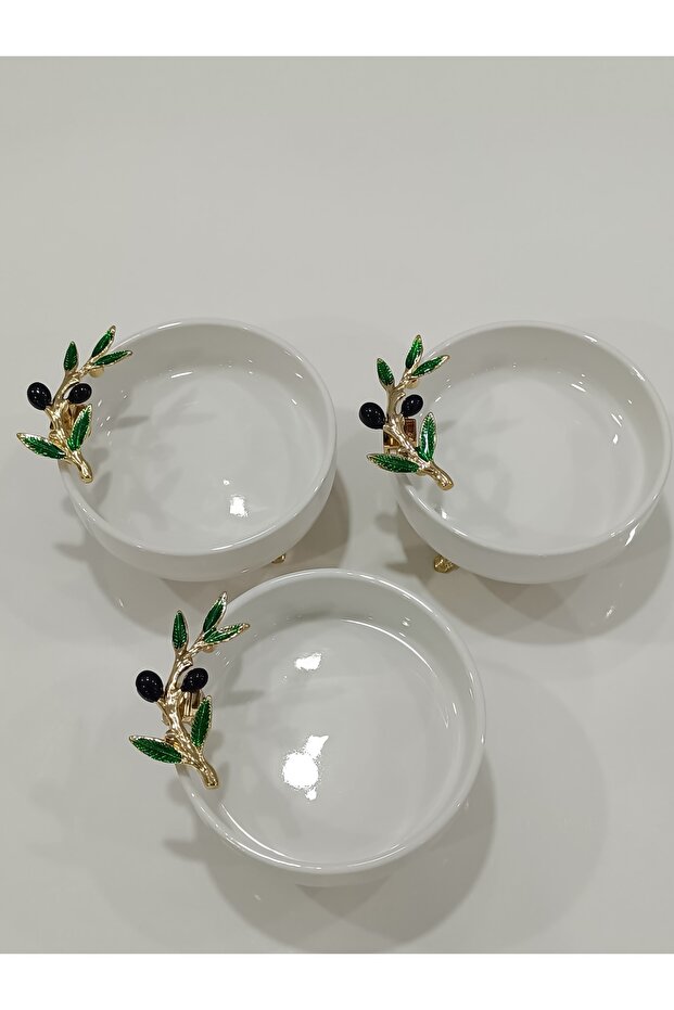 3-Piece Black Olive Detailed Porcelain Snack Bowl Turkish Delight Bowl Breakfast Bowl 13.5 cm