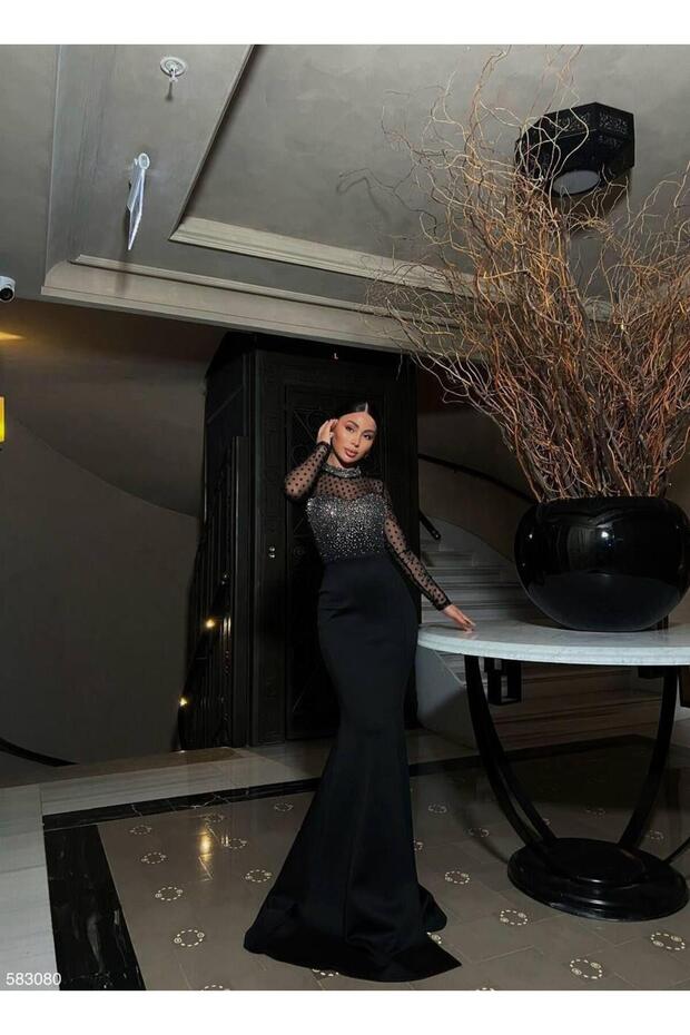 Asra Tulle Detail Shimmering Evening Dress Black 583080