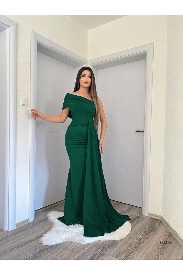 فستان سهرة وثوب التخرج بقصة حورية البحر من القماش المرن بكتف واحد وتفاصيل ذيل جانبية زمرد 582108