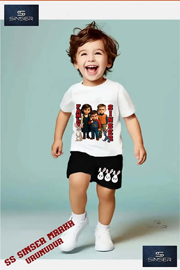Children's “Sinser Written Rabbit“ Special Printed Crew Neck T-Shirt - Shorts Set