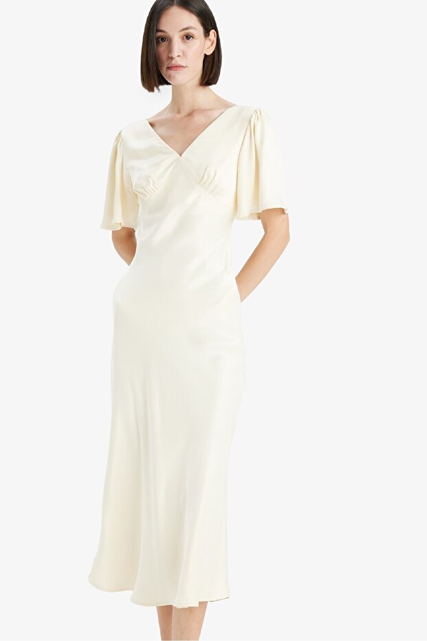 V Yaka Saten Kısa Kollu Midi Elbise F6036AX25SM - 3