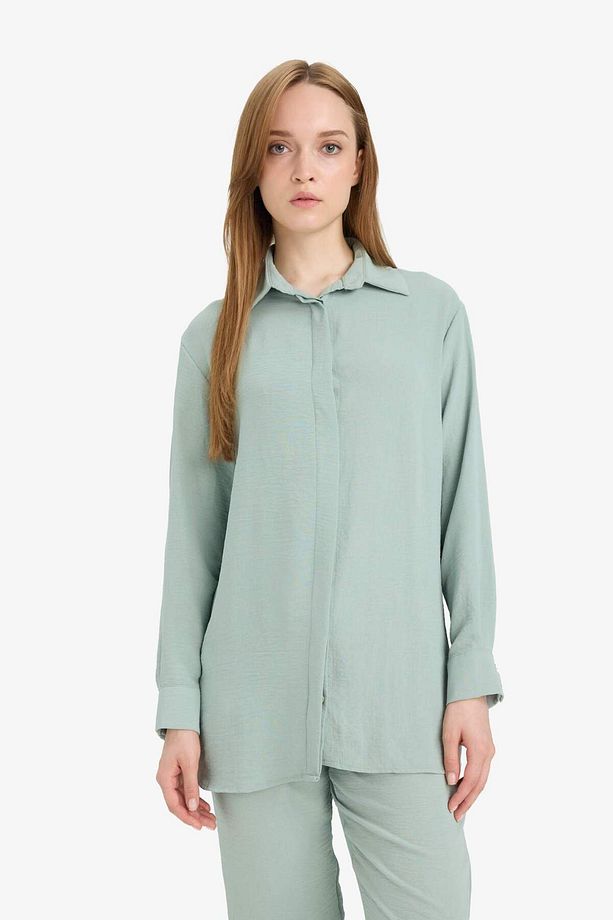 Relax Fit Basic Düz Uzun Kollu Gömlek Tunik D2991AX25SM - 3