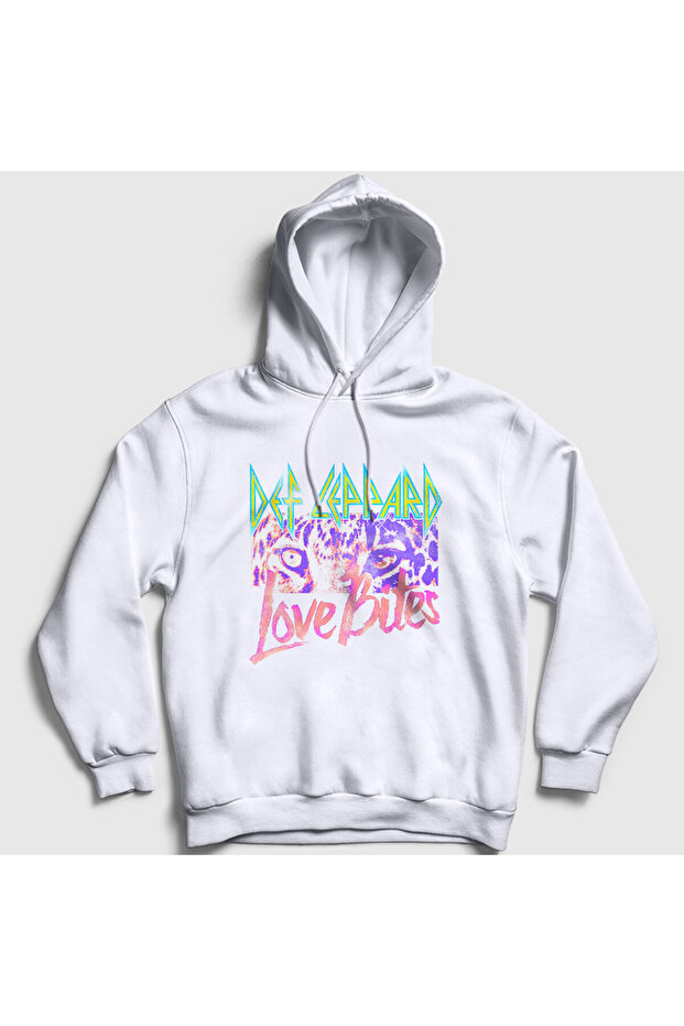 Unisex White Love Bites Def Leppard Hooded Sweatshirt 550293Tt