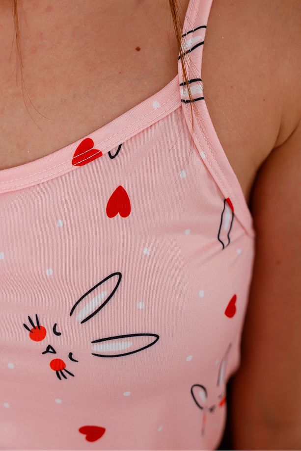 Pink Rabbit Baskılı Yumuşak Dokulu İp Askılı Şortlu Örme Pijama Takımı - 4