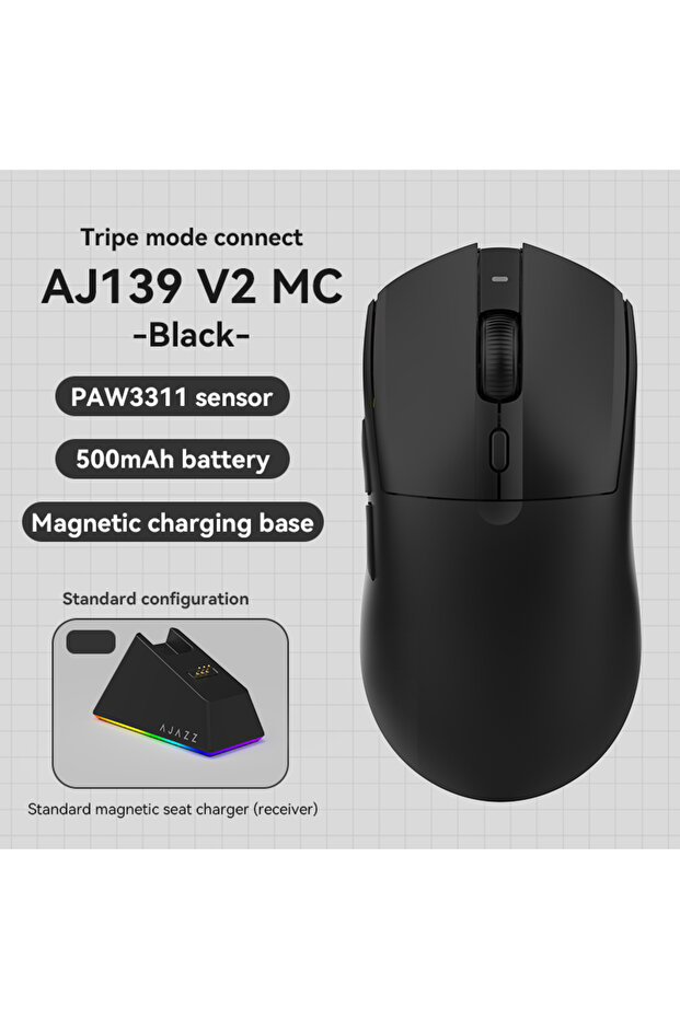 فأرة ألعاب AJ139 V2 MC باللون الأسود مع قاعدة شحن RGB، مستشعر PAW3311، 3 أوضاع