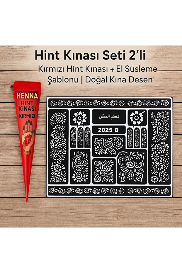 Hint Kınası Seti 2'li | Kırmızı Hint Kınası + El Süsleme Şablonu | Doğal Kına Deseni - 3