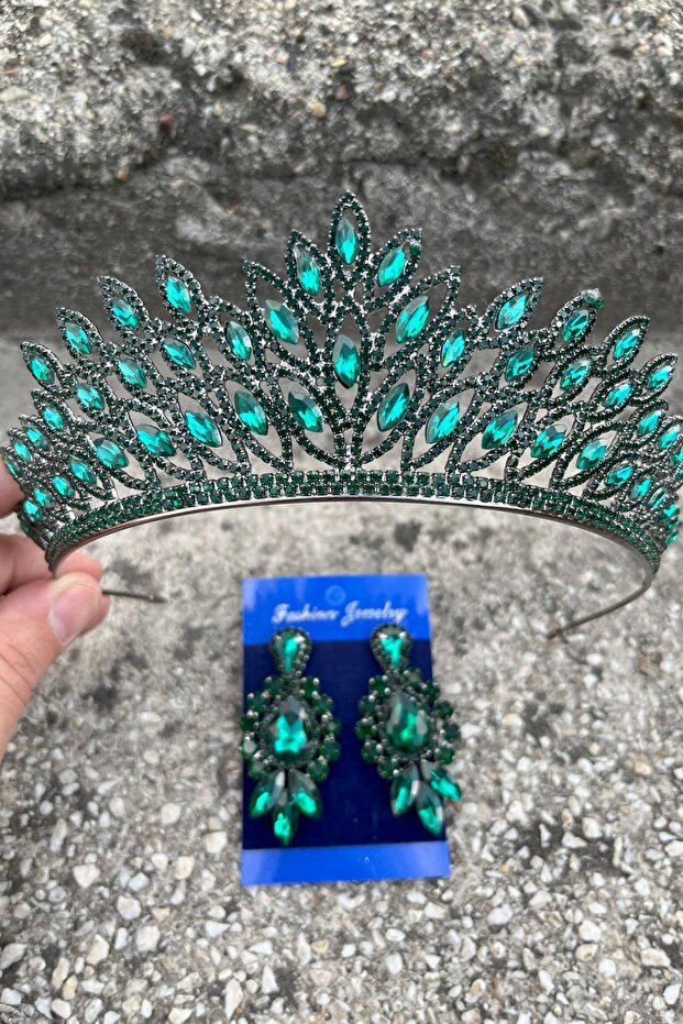 Alexa Green Bridal Henna Crown Special Occasion Accessory Women's Crown and Three Shuttle Earrings Set – Crown, Crystal Stone