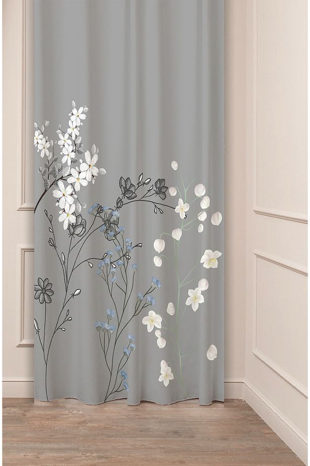 Çiçek Yaprak Bohem Sade Soft Gri Desenli Özel Tasarım Dijital Baskılı (Tek Kanat) Şık Fon Perde - 1