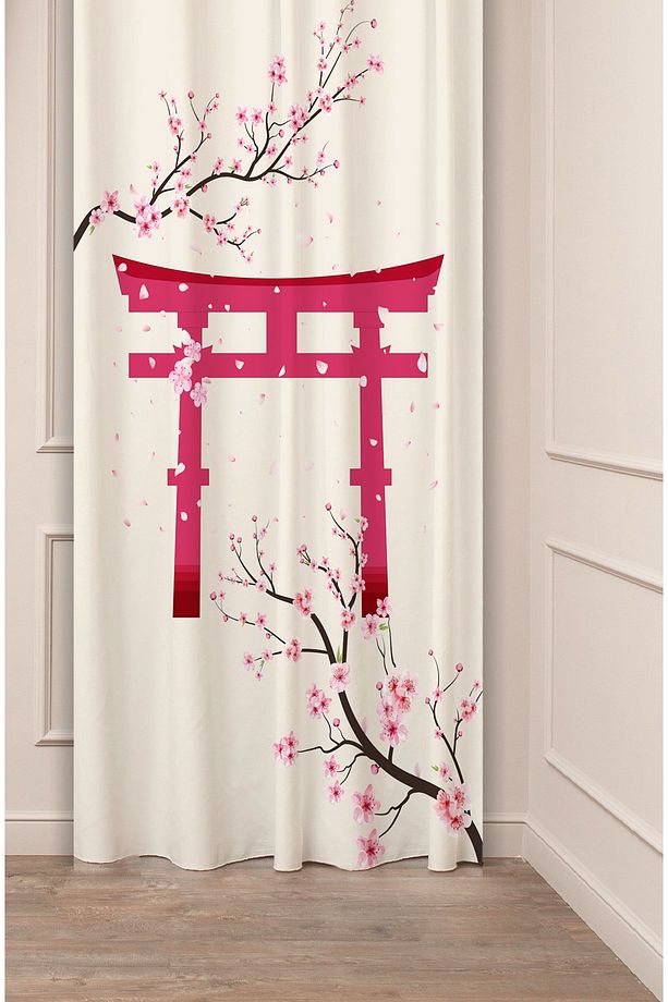Sakura Çiçek Bohem Japonya Soft Bej Pembe Desenli Özel Tasarım Dijital Baskılı (Tek Kanat) Fon Perde - 1