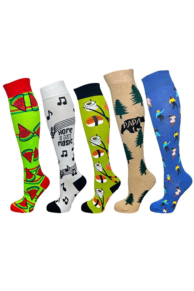 5 Pcs Unisex Stretchy Watermelon Music Sushi Pattern Mixed Color Breathable over Knee Stockings