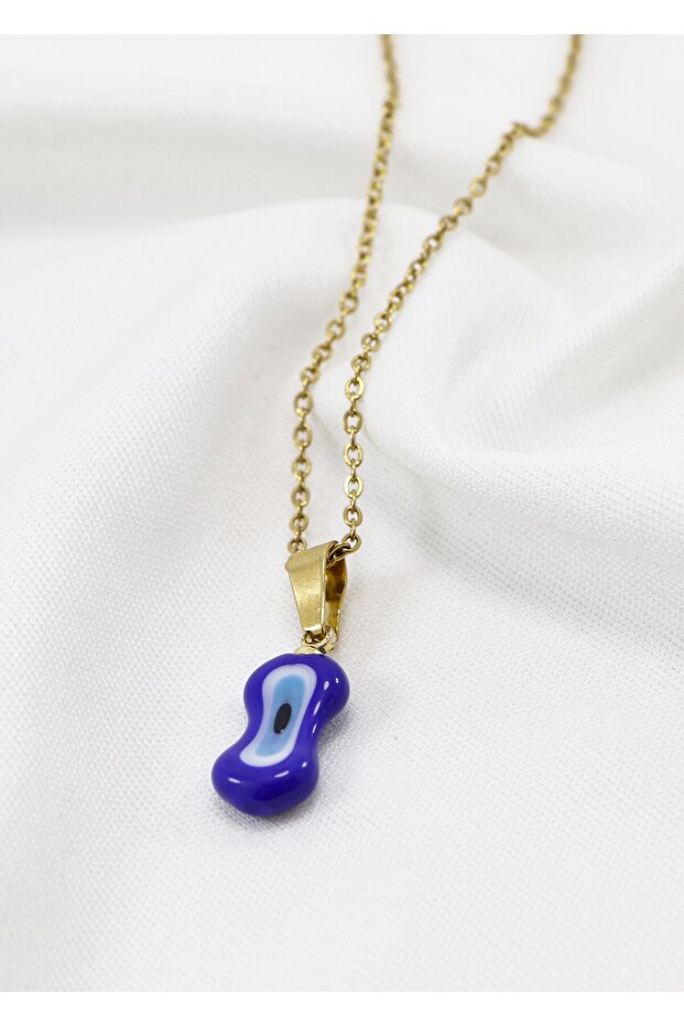 Minimal Navy Blue Ellipse Glass Evil Eye Beaded Necklace, Gift Necklace (60 cm)