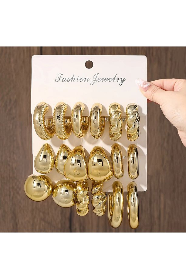 9 çift bombeli gözyaşı küpesi damla küpeli zikzak vintage çoklu gold kadın küpe seti - 2