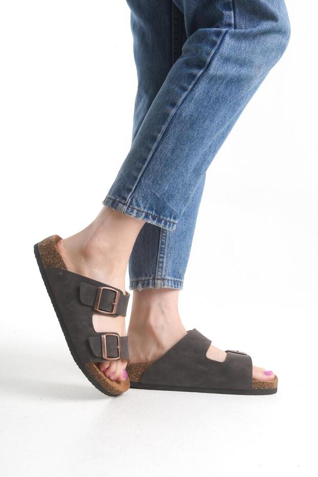 Brown Unisex Slippers Double Buckle Cork Sole Daily Comfortable Slippers